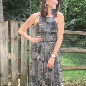 Spaghetti strap tribal print maxi dress with stretchy ruched bodice